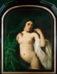 Donna nuda che solleva una tenda (dipinto su tela)