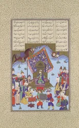 Afrasiyab sul trono iraniano, Folio 105r dal Shahnama Libro dei Re, ca. 1525-30