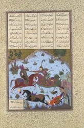 Gustaham uccide Lahhak e Farshidvard, Folio 349v dal Shahnama
