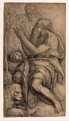 San Girolamo inginocchiato davanti a un crocifisso, con un teschio e un leone
