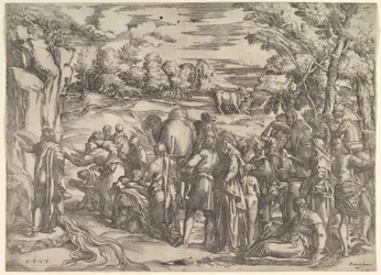 Mosè che estrae acqua dalla roccia, a sinistra con acqua che scorre, varie figure e...