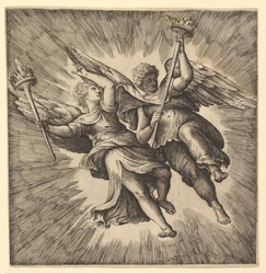 Due angeli o geni alati che portano torce
