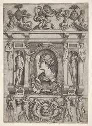 Busto di una donna di profilo rivolto a sinistra, inserito in una cornice elaborata con figure, ca. 1540-80