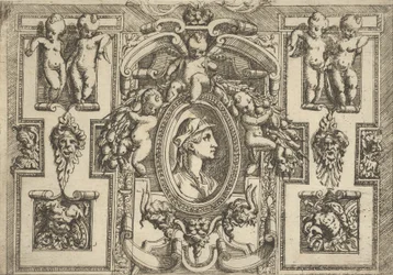 Busto di una donna di profilo rivolta a destra, inserito in una cornice elaborata con putti