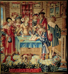 Tenda raffigurante le arti liberali: Aritmetica. Arazzo in lana e seta realizzato intorno al 1520 a Tournai. Dimensioni 3,1 x 2,9 m. Parigi, Museo nazionale del Medioevo, terme di Cluny