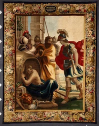 Diogene e Alessandro: incontro tra il filosofo greco Diogene di Sinope (413-327 a.C.) nella sua botte e il re Alessandro Magno (356-323 a.C.) a Corinto. Quando il conquistatore gli chiese cosa volesse, Diogene rispose: "Togliti un po