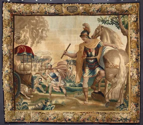 Re Alessandro Magno (356-323 a.C.) bruciò tutto il bagaglio non necessario prima del suo viaggio in India. Arazzo delle manifatture di Bruxelles. XVI secolo, Genova, Musei di Strada Nuova