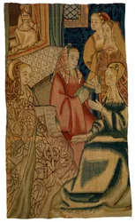 Frammento di arazzo raffigurante cinque donne, realizzato possibilmente a Bruxelles, Belgio, c.1500