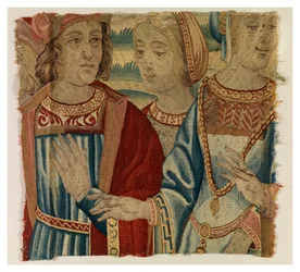 Frammento di arazzo raffigurante uomo e due donne, realizzato possibilmente a Bruxelles, Belgio, inizio XVI secolo