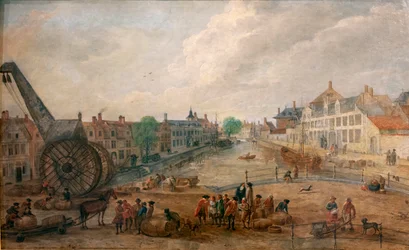 Veduta di Gand Lievekaai e Augustijnenkaai con una gru di legno, copia di un dipinto del XVIII secolo di Engelbert van Siclers