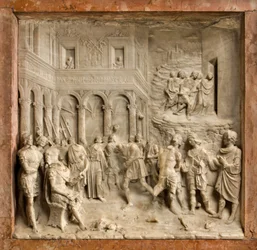 Cripta, Arca dei Santi Marcellino e Pietro Esorcista, Benedetto Briosco 1506-08, Santi Marcellino e Pietro davanti al giudice
