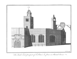 Prospetto sud-est di St. Peters Le Poor in Broad Street, c1756