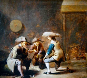Interno di una guardia con soldati che giocano a carte