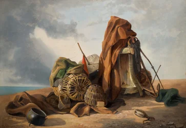 Natura morta con scena sulla spiaggia, 1858.