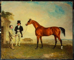 "Skiff", un cavallo da corsa baio tenuto da un groom a Newmarket Heath, con John Howe, il proprietario delle scuderie, al suo fianco