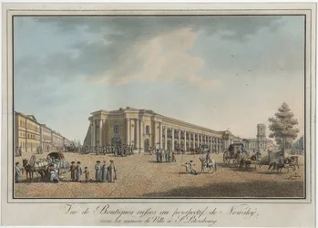 Prospettiva Nevsky vicino al Grande Gostiny Dvor e alla Duma della città a San Pietroburgo