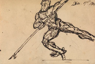 Studio di figura di un maschio nudo con una lancia