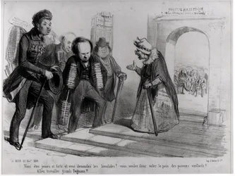 Dumas, Hugo e Balzac chiedono l’ammissione all’Accademia francese, illustrazione da «La Mode», 23 novembre 1839
