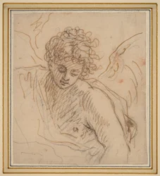 Un angelo (penna e inchiostro marrone su gesso nero su carta vergata)