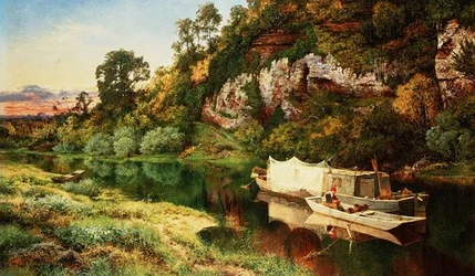 Paesaggio fluviale con pescatore che costruisce trappole per anguille