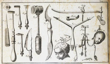 Tavola chirurgica che rappresenta diversi tipi di strumenti chirurgici, martello, scalpello, coltelli, per la rimozione del cervello. Incisione di Benoit Louis Prevost XVIII secolo