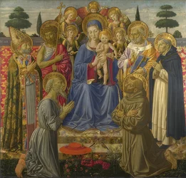Madonna con bambino circondata da angeli e santi