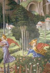 Angelo che raccoglie fiori in un paesaggio celeste, dettaglio (ciclo del Viaggio dei Magi)