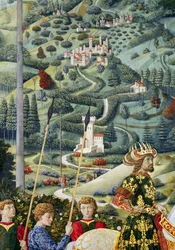 Paesaggio fantastico, dettaglio dal ciclo del Viaggio dei Magi nella cappella, c.1460