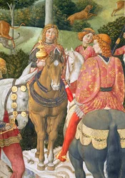 Cavalieri nel seguito reale, dettaglio del ciclo del Viaggio dei Magi nella cappella, ca. 1460, dettaglio d