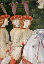 Maria (n.1460), Bianca (1461-88) e Nannina (1463-93) Medici, sorelle minori di Lorenzo (1449-92) e Giuliano (1453-78), dettaglio dal ciclo del Viaggio dei Magi nella cappella, c.1460 (dettaglio)