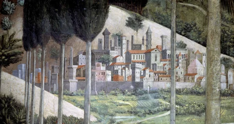 Città medievale, particolare del ciclo del Viaggio dei Magi nella cappella, 1460 circa (affresco)