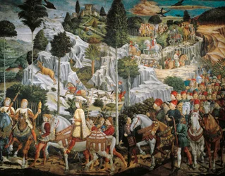 Processione dei Re Magi a Betlemme, di Benozzo Gozzoli (1420-1497), affresco, tempera e olio su parete, Cappella di Palazzo Medici Riccardi, Firenze