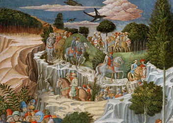 Processione a cavallo che scende una collina, dettaglio (ciclo del Viaggio dei Magi)