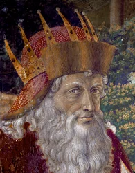 Il Viaggio dei Magi. Corteo dei Magi da Gerusalemme a Betlemme chiamato "Viaggio dei Magi" o "Cavalcata dei Magi" in italiano. Dettaglio che rappresenta Giuseppe Patriarca di Costantinopoli tra il 1261 e il 1276. Affresco della Cappella dei Magi di Benozzo