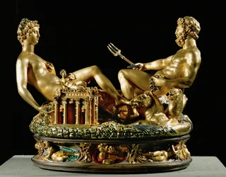 Saliera, saliera (Oro, niello e base in ebano)