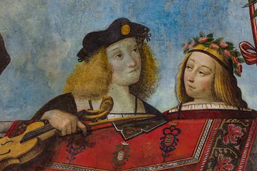 Gentiluomo con strumento musicale e gentildonna (dettaglio)