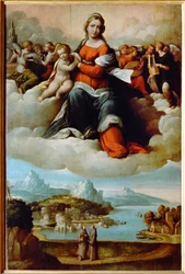 Madonna con bambino in gloria e angeli (dipinto su tavola)