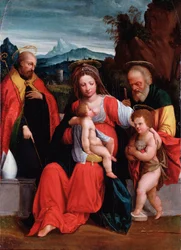 La sacra famiglia con San Giovanni Battista bambino e un vescovo. Dipinto di Garofalo (Benvenuto Tisi) (1481-1559)