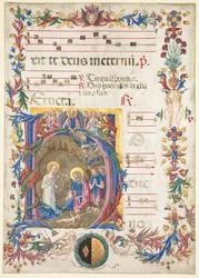 Foglio singolo da un antifonario: Iniziale H[odie nobis] con la Natività