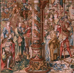 Arazzo fiammingo. Serie Gli Onori. Fede. Primo arazzo della serie. Modello Cartonisti del circolo di Bernard van Orley e Jan Gossaert (Mabuse). Manifattura Pieter van Aelst, Bruxelles. Ca 1550.
