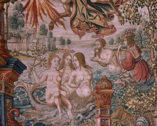 Arazzo fiammingo. Serie Gli Onori. Fama. Terzo arazzo della serie. Modello Cartonisti del circolo di Bernard van Orley e Jan Gossaert (Mabuse). Manifattura Pieter van Aelst, Bruxelles. Ca 1550. Tessuto Oro, argento, seta e lana.
