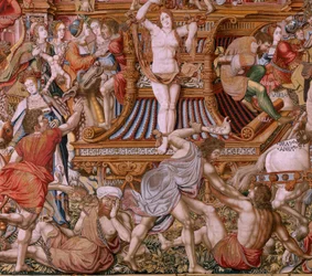 Arazzo fiammingo. Serie Gli Onori. Infamia. Sesto arazzo della serie. Modello Cartonisti del circolo di Bernard van Orley e Jan Gossaert (Mabuse). Manifattura Pieter van Aelst, Bruxelles. Ca 1550.