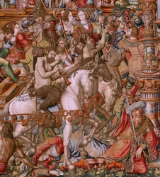 Serie Gli Onori. Infamia. Sesto arazzo della serie. Modello di cartoni animati dal circolo di Bernard van Orley e Jan Gossaert (Mabuse). Manifattura Pieter van Aelst, Bruxelles. Ca 1550.