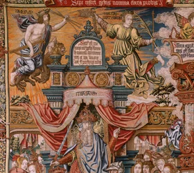 Arazzo fiammingo. Serie Gli Onori. Nobiltà. Quarto arazzo della serie. Modello Cartonisti del circolo di Bernard van Orley e Jan Gossaert (Mabuse). Manifattura Pieter van Aelst, Bruxelles. Ca 1550.