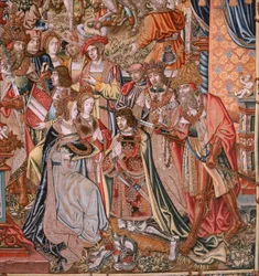 Serie Gli Onori. Nobiltà. Quarto arazzo della serie. Modello di cartoni animati dal circolo di Bernard van Orley e Jan Gossaert (Mabuse). Manifattura Pieter van Aelst, Bruxelles. Ca 1550.
