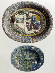 Dio crea Eva dalla coscia di Adamo; Lucertola - Piatti in ceramica, in "The work of Bernard Palissy" di C. Delange e C. Borneman, Parigi