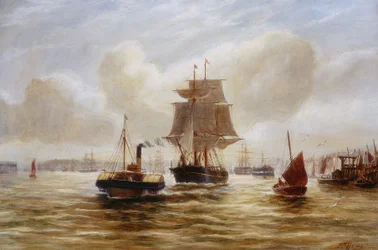 Rimorchiatore a vapore che traina una nave alla foce del Tyne