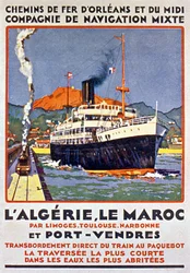 Manifesto pubblicitario della ferrovia francese diretta in Algeria e Marocco dalla Francia via Limoges, Tolosa, Narbonne e Port Vendres, 1900 ca.