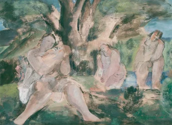 Tre donne e un bambino che fanno il bagno sotto un albero