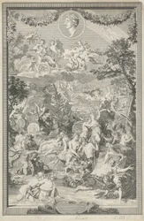Pagina del titolo allegorica con varie scene dalle Metamorfosi di Ovidio e il suo ritratto